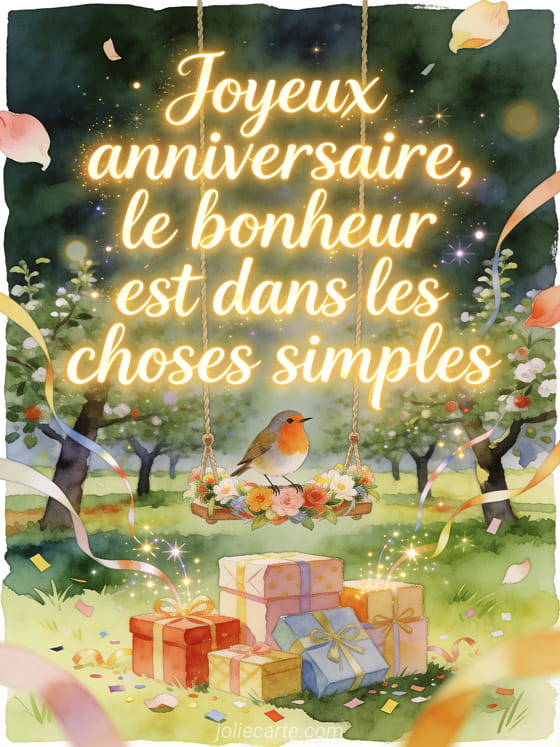 Illustration aquarelle d'un oiseau rouge-gorge sur une balançoire fleurie au-dessus de cadeaux dans un verger.