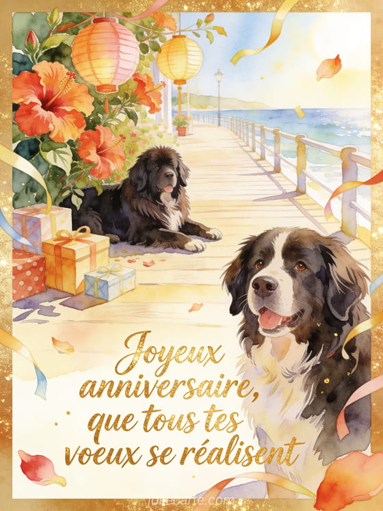 Chien terre-neuve près d'hibiscus, lanternes et cadeaux sur une promenade avec texte Joyeux anniversaire
