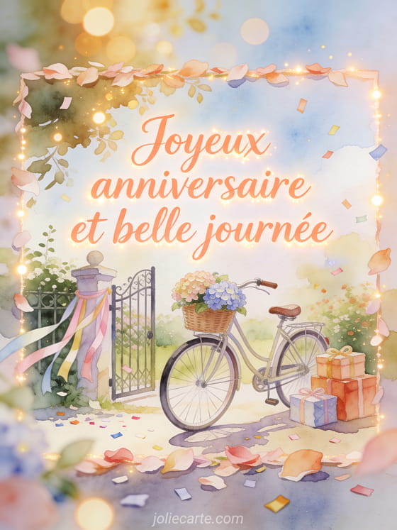 Lettrage lumineux avec vélo vintage, hortensias, cadeaux et rubans près d'une grille de jardin, style aquarelle