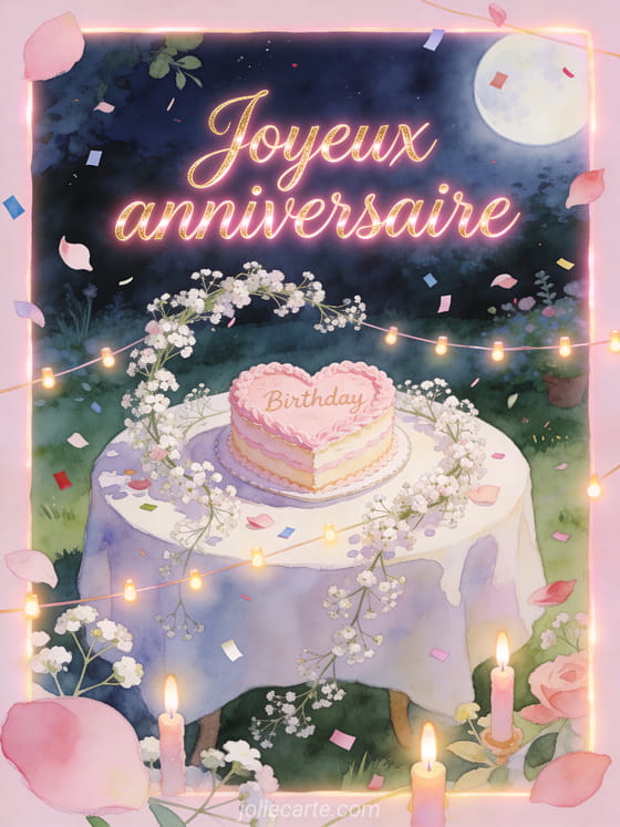 Carte aquarelle avec gâteau coeur, gypsophile et texte Joyeux anniversaire