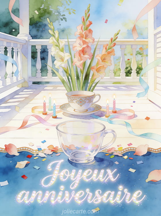 Tasse ornée entourée de glaïeuls, bougies et rubans d'anniversaire avec texte Joyeux anniversaire
