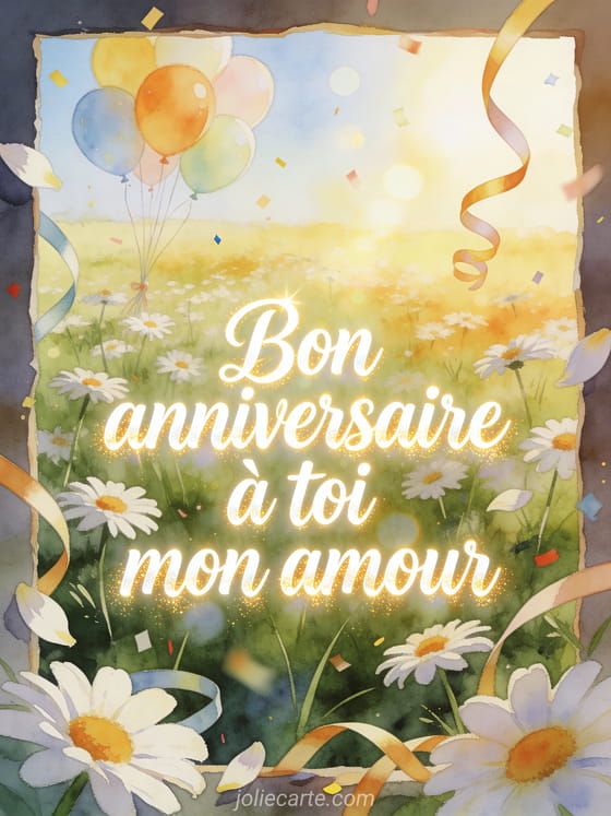 Illustration aquarelle d'une prairie de marguerites avec bouquet de ballons et texte Bon anniversaire à toi mon amour