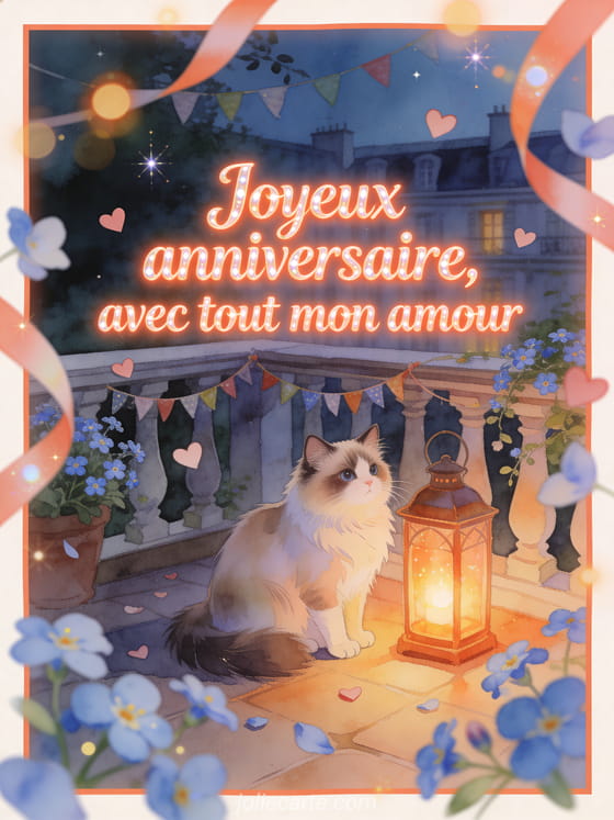 Illustration aquarelle d'un chat ragdoll près d'une lanterne dans une cour de myosotis