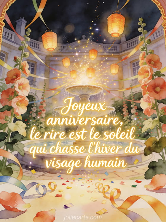 Illustration aquarelle de roses tremieres autour d'une fontaine avec lanternes flottantes et rubans d'anniversaire dans une cour.