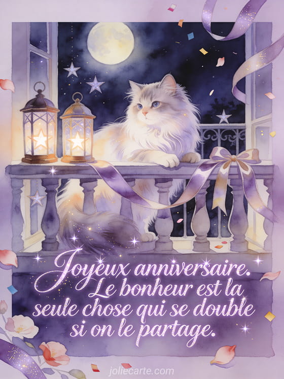 Lettrage lumineux avec chat angora turc près de deux lanternes et rubans sur un balcon, style aquarelle