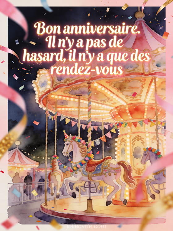 Illustration aquarelle d'un cheval de carrousel entouré de guirlandes, serpentins et confettis d'anniversaire.
