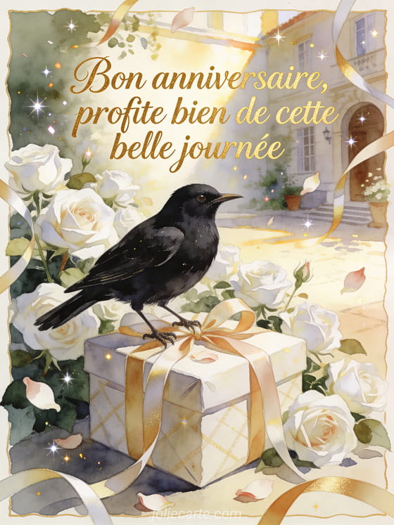 Merle noir sur un cadeau noué de ruban parmi des roses blanches avec texte Bon anniversaire