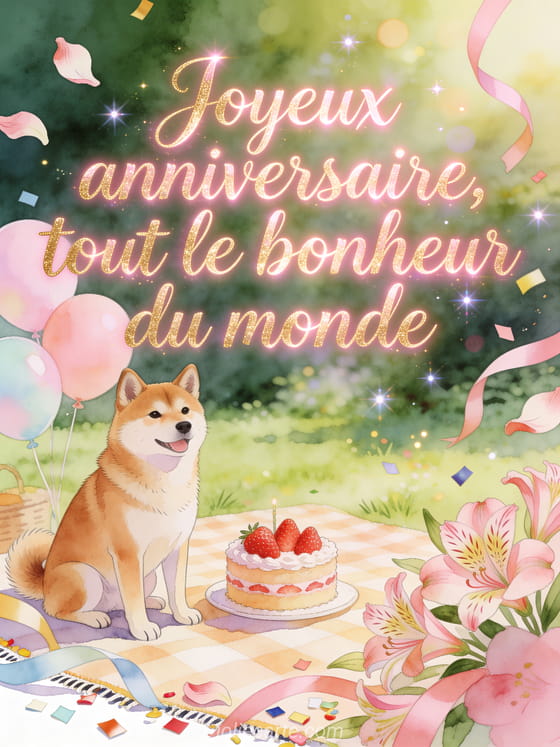 Illustration aquarelle d'un pique-nique au jardin avec chien akita inu, gâteau aux fraises et ballons