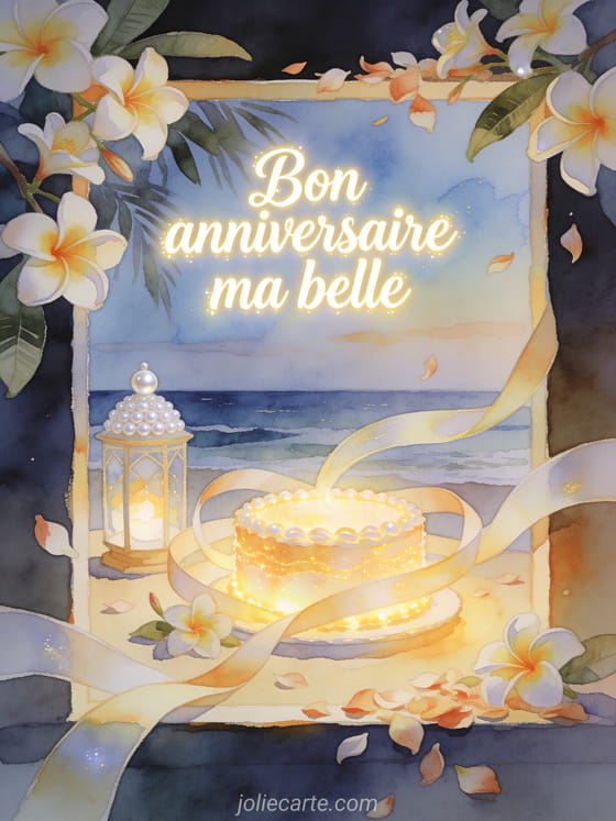 Décor d'anniversaire en bord de mer avec fleurs de frangipanier, lanterne et texte Bon anniversaire ma belle