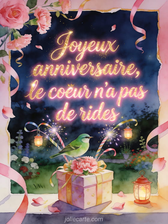 Illustration aquarelle d'un oiseau verdier sur un cadeau entouré d'oeillets, rubans et lanternes