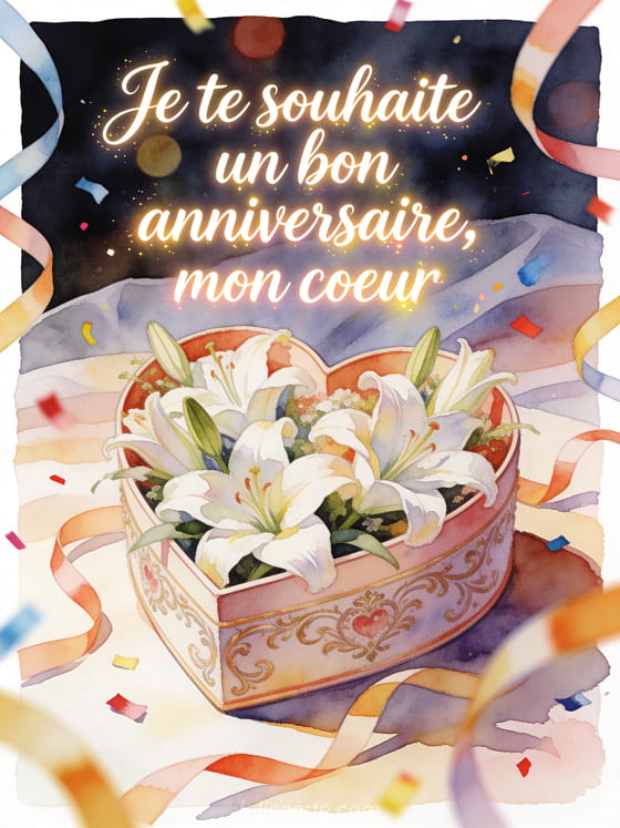 Carte illustree aquarelle avec coffret en forme de coeur, lys, rubans d'anniversaire et confettis lumineux
