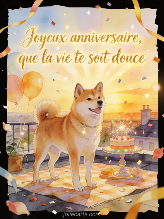 Illustration aquarelle d'un chien akita inu lors d'un pique-nique sur un toit avec gateau, ballons et confettis.