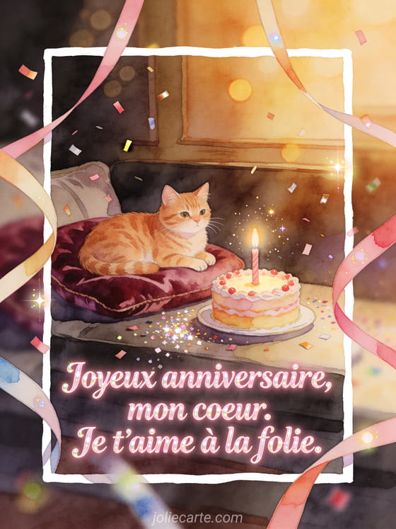 Illustration aquarelle d'un chat roux sur un coussin près d'un gâteau d'anniversaire aux bougies et de confettis.