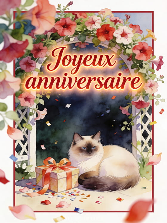Carte aquarelle avec chat birman, cadeau noué, pétunias et texte Joyeux anniversaire