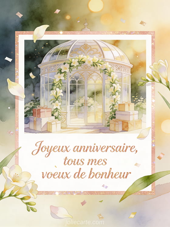 Guirlandes de freesias autour de cadeaux dans une serre elegante, texte Joyeux anniversaire, tous mes voeux de bonheur