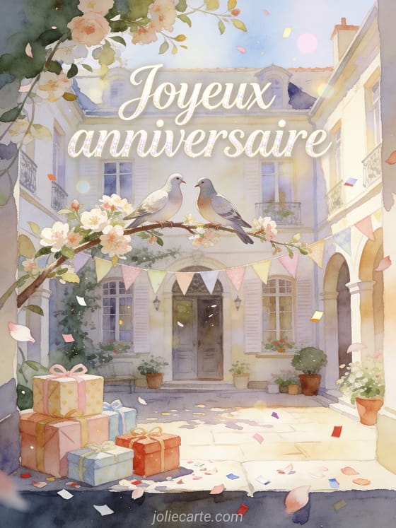 Lettrage lumineux avec deux oiseaux tourterelles sur une branche fleurie au-dessus de cadeaux, style aquarelle
