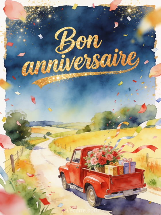 Camion rouge vintage chargé de roses et cadeaux sur une route avec texte Bon anniversaire