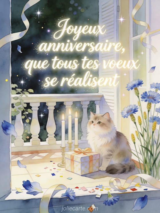 Illustration aquarelle d'une terrasse avec chat persan, cadeau, bougies et bleuets autour d'un message d'anniversaire