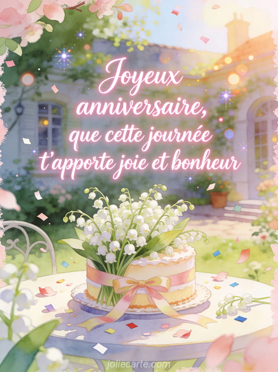 Illustration aquarelle de muguet autour d'un gateau d'anniversaire rubane sur une table de jardin au printemps.