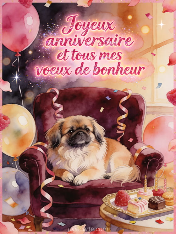 Lettrage lumineux avec chien pékinois, ballons, rubans et douceurs d'anniversaire, style aquarelle