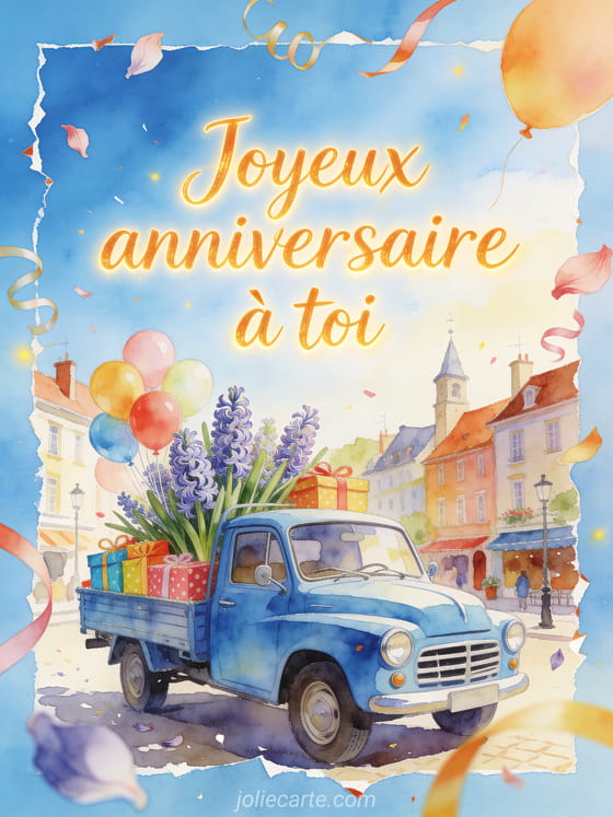 Camion bleu rempli de jacinthes, ballons et cadeaux sur une place de village avec texte Joyeux anniversaire