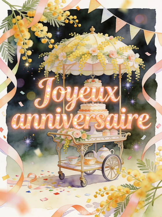 Illustration aquarelle d'un chariot à thé sous un mimosa avec gâteau à étages et texte Joyeux anniversaire