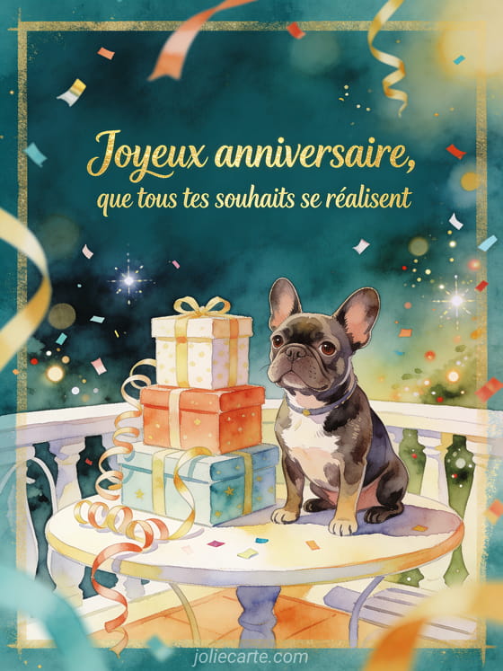 Illustration aquarelle d'un chien bouledogue francais pres de cadeaux empiles sur une table de terrasse avec rubans.