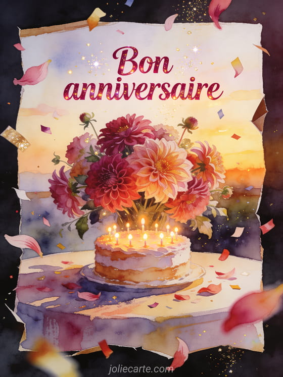 Lettrage lumineux avec bouquet de dahlias autour d'un gâteau et de petites bougies, style aquarelle