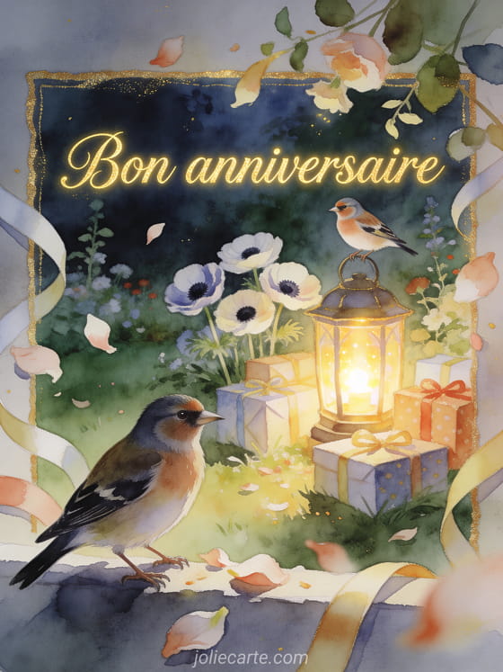 Oiseau linotte sur une lanterne au-dessus d'anémones et cadeaux avec texte Bon anniversaire