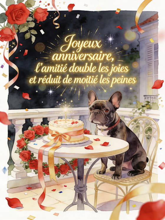 Illustration aquarelle d'une cour avec chien bouledogue français, gâteau et guirlandes de roses rouges