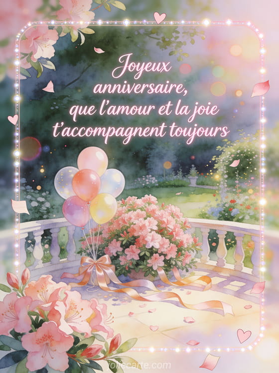 Illustration aquarelle d'azalees autour de ballons d'anniversaire et de rubans de satin sur une terrasse.