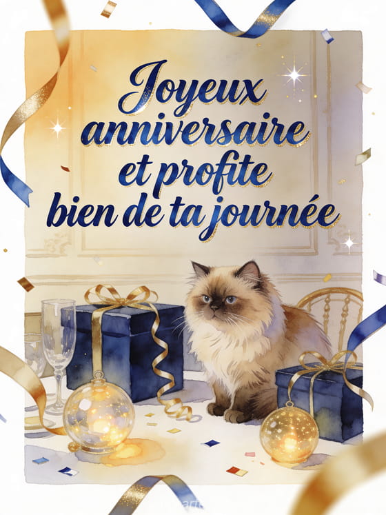 Lettrage lumineux avec chat persan près de cadeaux bleu nuit et ornements brillants, style aquarelle
