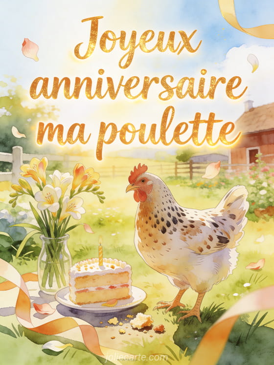 Poule tachetée près d'un petit gâteau et de freesias dans un jardin, texte Joyeux anniversaire ma poulette