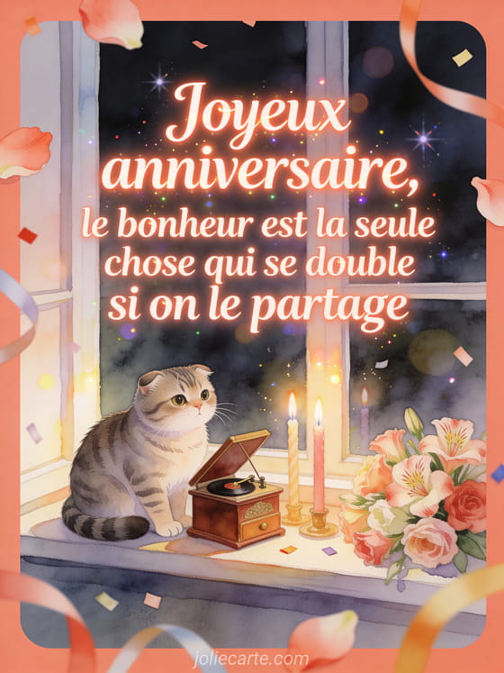 Illustration aquarelle d'une banquette de fenêtre avec chat scottish fold, boîte à musique et lisianthus