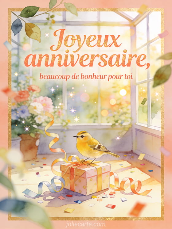 Illustration aquarelle d'un oiseau roitelet huppé sur un cadeau d'anniversaire parmi rubans et confettis dans une serre.