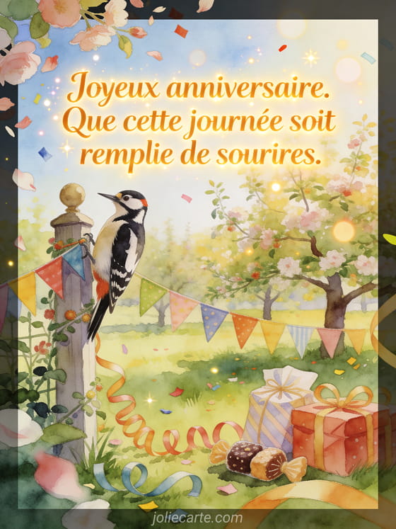 Lettrage lumineux avec oiseau pic épeiche sur poteau décoré dans un verger festif, style aquarelle