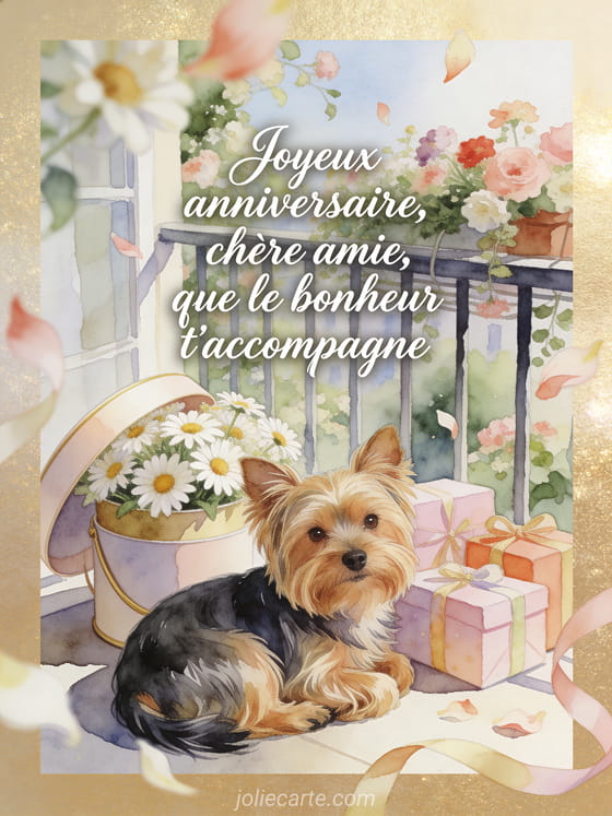 Chien yorkshire terrier près d'une boîte à chapeau remplie de marguerites et cadeaux, texte Joyeux anniversaire