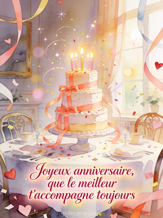 Illustration aquarelle d'un grand gateau d'anniversaire avec bougies, rubans et petits coeurs sur une table de petit-dejeuner.