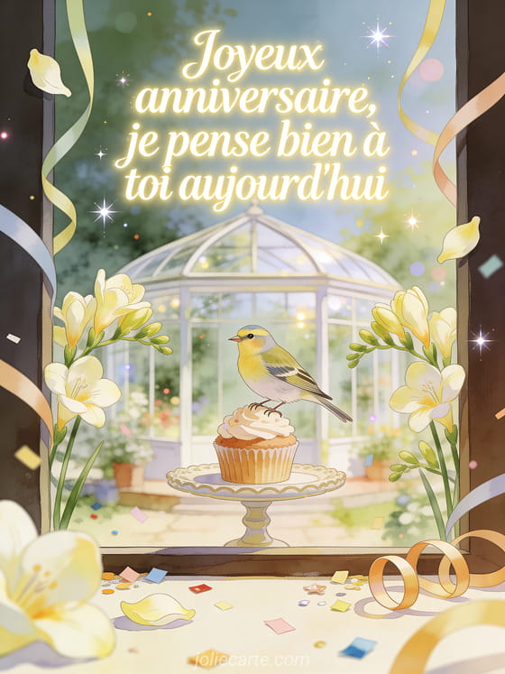 Illustration aquarelle d'une serre avec oiseau serin, présentoir à cupcakes et freesias autour d'un message