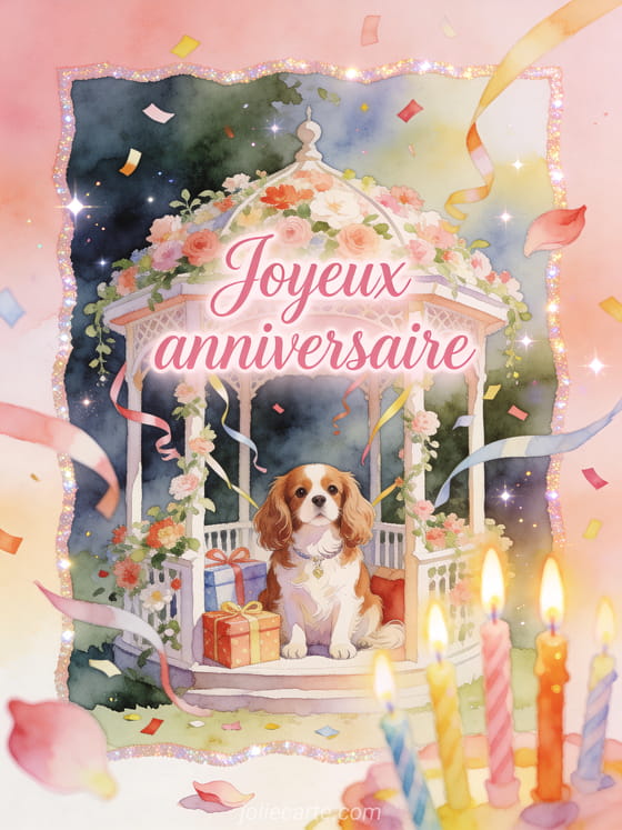 Lettrage lumineux avec chien cavalier king charles dans un kiosque fleuri, cadeaux et bougies, style aquarelle