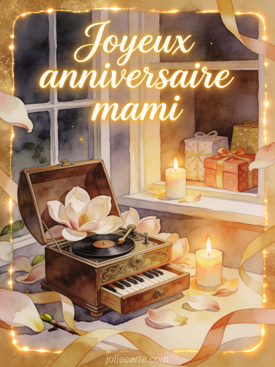 Boîte à musique ancienne parmi des pétales de magnolia, bougies et cadeaux, texte Joyeux anniversaire mami