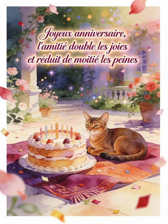 Illustration aquarelle d'un chat abyssin pres d'un grand gateau d'anniversaire sur une nappe de pique-nique dans une cour fleurie.