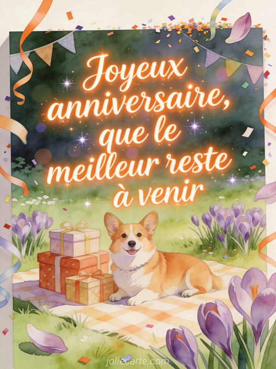Illustration aquarelle d'un pique-nique en prairie avec chien corgi, cadeaux empilés et crocus