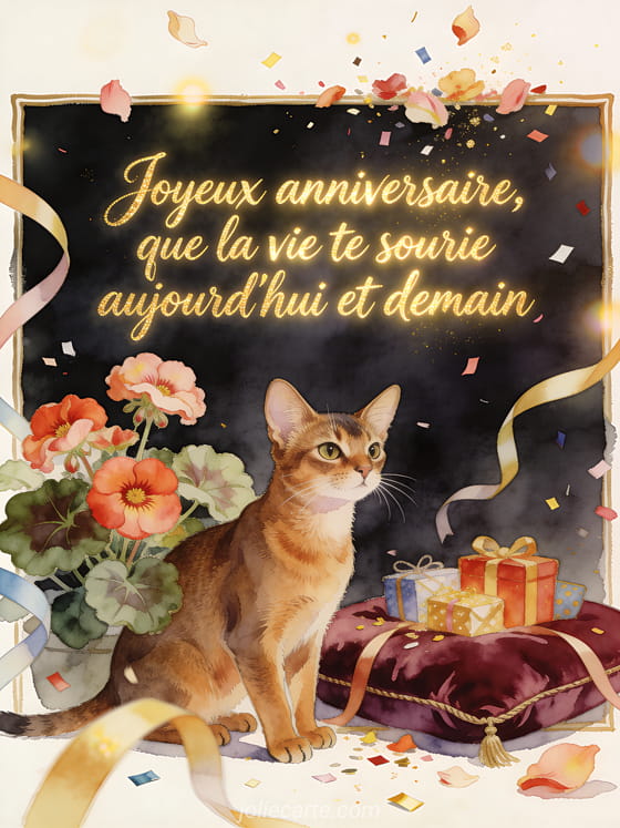 Chat abyssin près de bégonias et surprises d'anniversaire, texte Joyeux anniversaire en calligraphie lumineuse