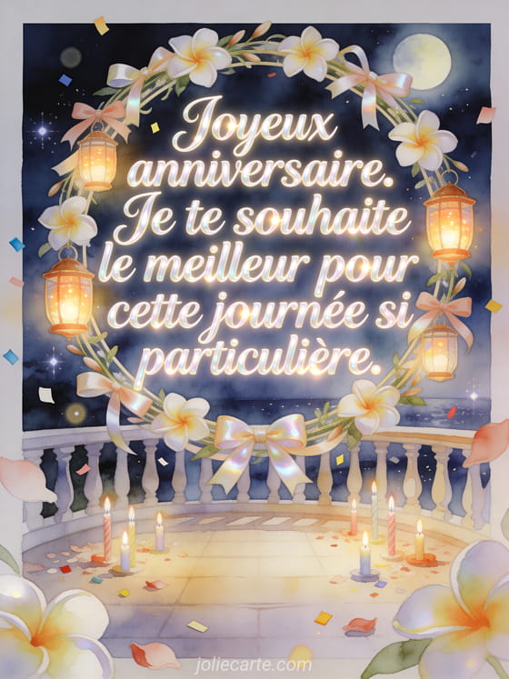 Lettrage lumineux avec couronne de frangipanier, lanternes et bougies sur une terrasse, style aquarelle