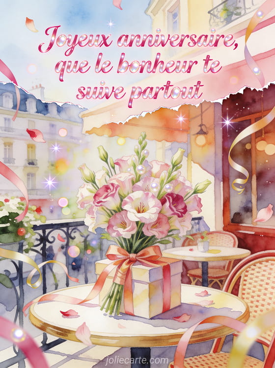 Illustration aquarelle d'un bouquet de lisianthus attache a un cadeau sur une table de bistrot avec rubans.