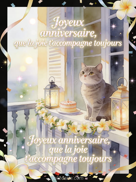 Illustration aquarelle d'un balcon avec chat british shorthair, lanternes, petit gâteau et frangipanier