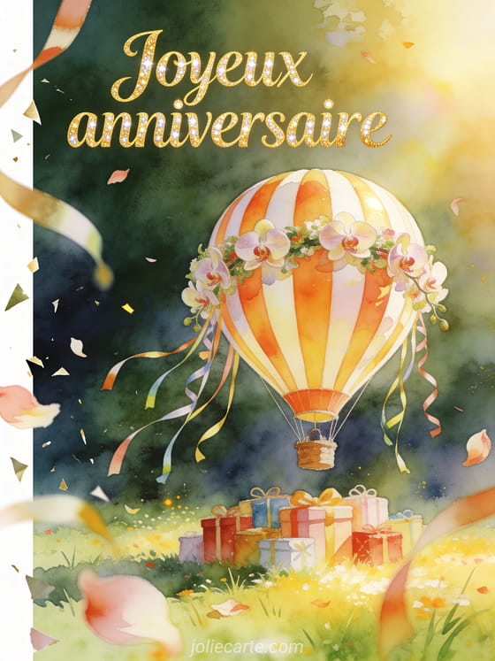 Montgolfière rayée ornée d'orchidées au-dessus d'une prairie de cadeaux, texte Joyeux anniversaire