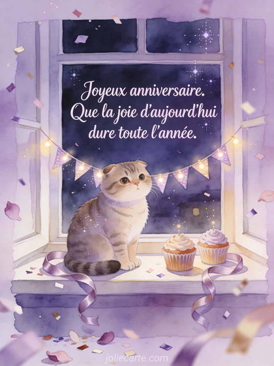 Lettrage lumineux avec chat scottish fold sur rebord de fenêtre, cupcakes et rubans satinés, style aquarelle