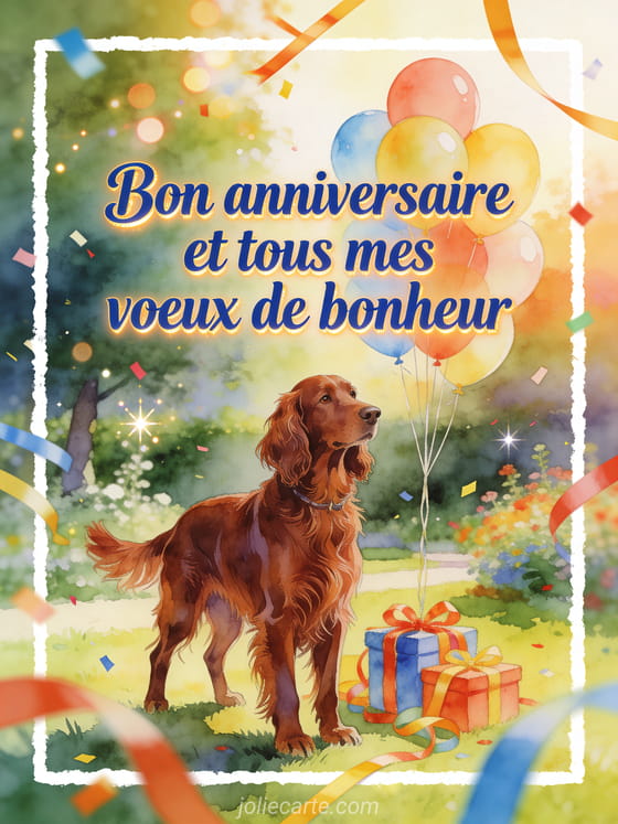 Illustration aquarelle d'un chien setter irlandais pres de ballons et de rubans cadeaux dans un parc ensoleille.